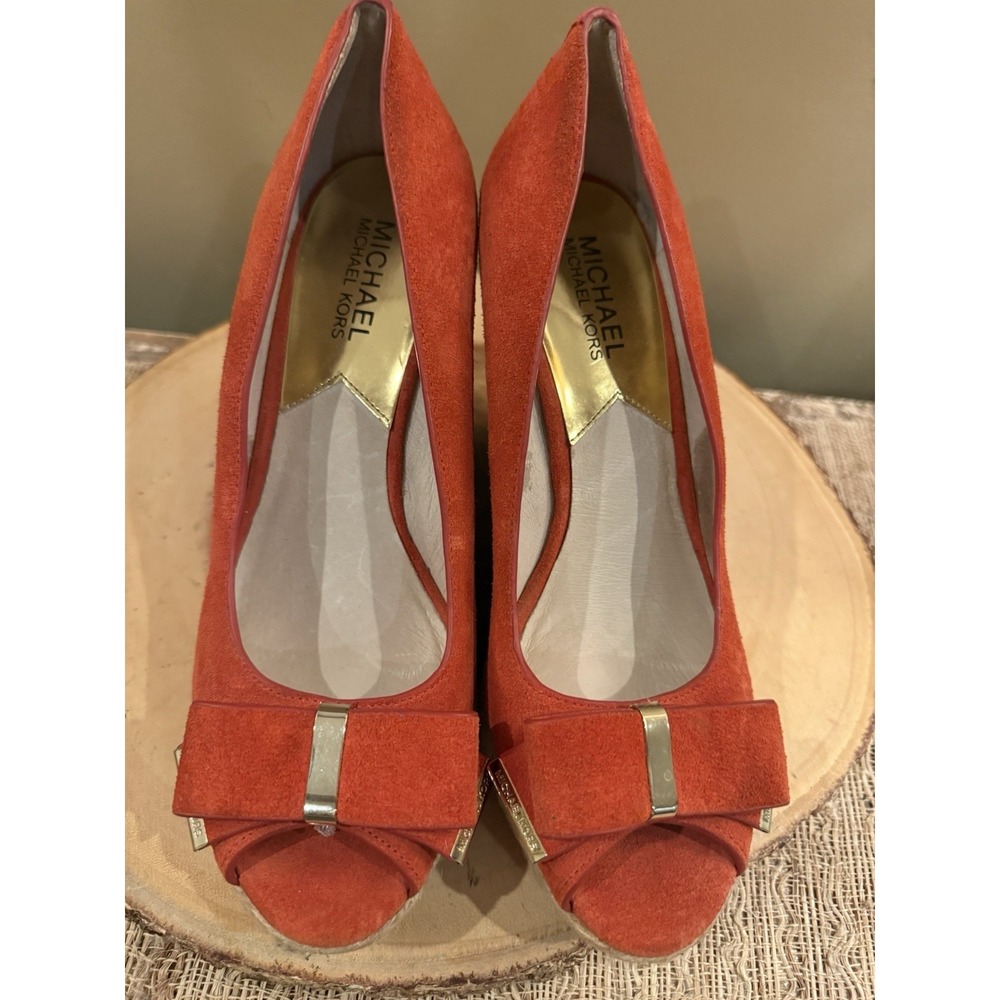 Michael Kors Bow Wedges Orange Slip On Espadrille Heels Size 8.5M Peep Toe Shoes - Picture 7 of 10